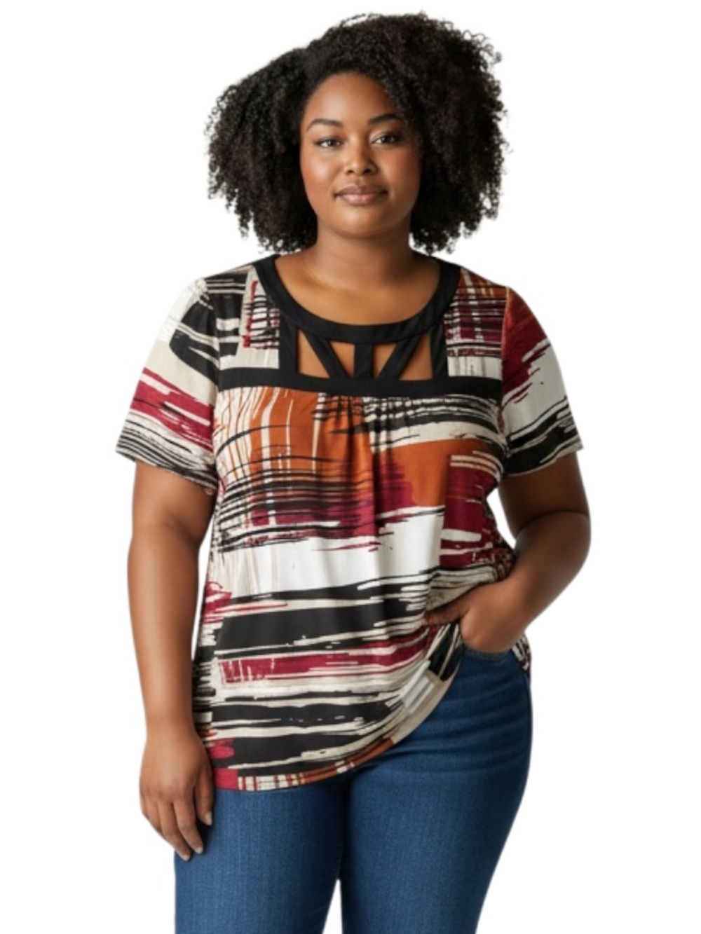 Perseption Cutout Neck Short Sleeve Top in Rust, Black, Cream